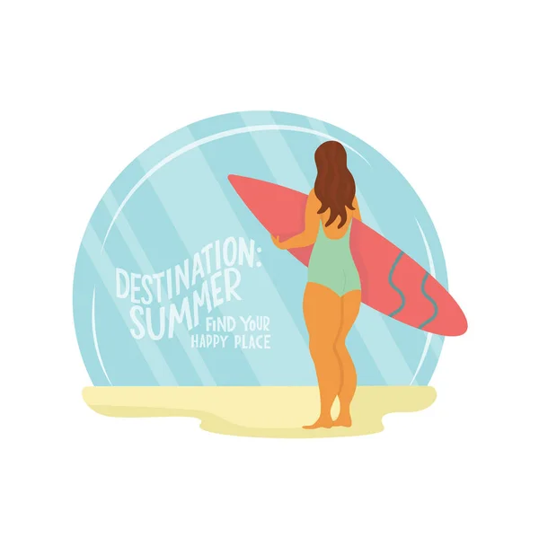 Young body positive woman with surfboard on beach. Summer vacation seaside concept. Lettering text destination: summer, find your happy place. Vector stock illustration isolated on background. EPS10 — Stock Vector