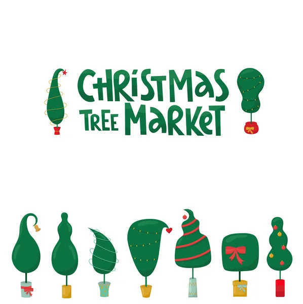 Christmas tree market lettering sign with Grinch tree. Vector stock illustration isolated on white background for template design Christmas sale, greeting card, invitation. EPS10 — Stock Vector