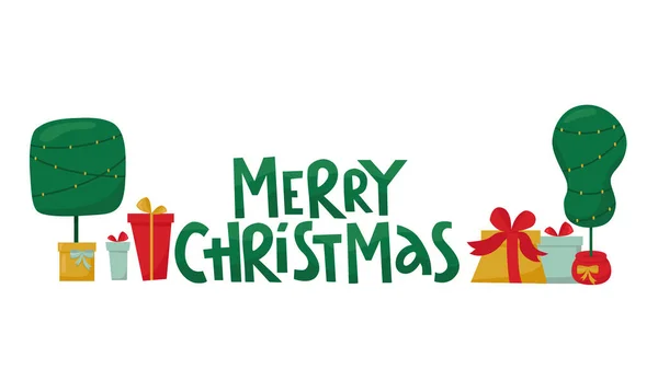 圣诞快乐手写体字标志与磨树和礼品盒。在白色背景上孤立的向量库图解用于模板设计、圣诞销售、贺卡、邀请函。EPS10 — 图库矢量图片