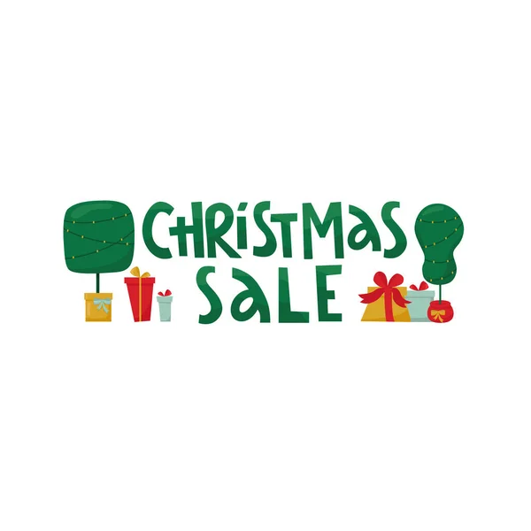 Christmas sale handwritten lettering sign with Grinch tree and gift boxes. Vector stock illustration isolated on white background for template design Christmas sale banner, leaflet, invitation. EPS10 — Vettoriale Stock