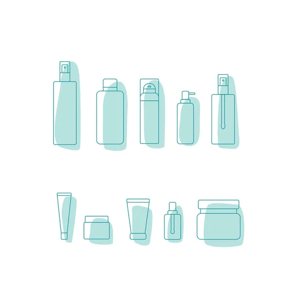 Cosmetische product pakket pictogram set - fles, pot, plastic container voor de schoonheidsindustrie. Vector stock illustratie geïsoleerd op witte achtergrond voor web design, verpakking, spa salon. EPS10 — Stockvector