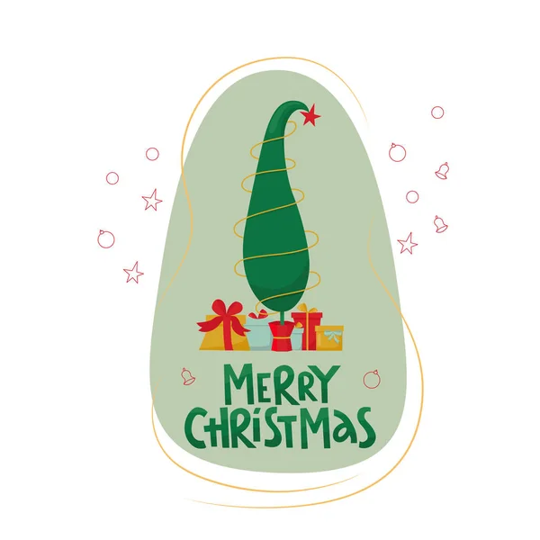 Merry Christmas handwritten lettering sign with Grinch tree and gift boxes. Vector stock illustration isolated on white background for template design Christmas sale, greeting card, invitation. EPS10 — Stock Vector