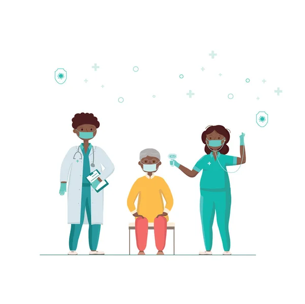 Covid-19, affiche de vaccination contre le coronavirus. Une infirmière vérifie la santé d'un vieil homme avant la vaccination. Illustration vectorielle isolée sur fond blanc pour bannière, modèle web. — Image vectorielle