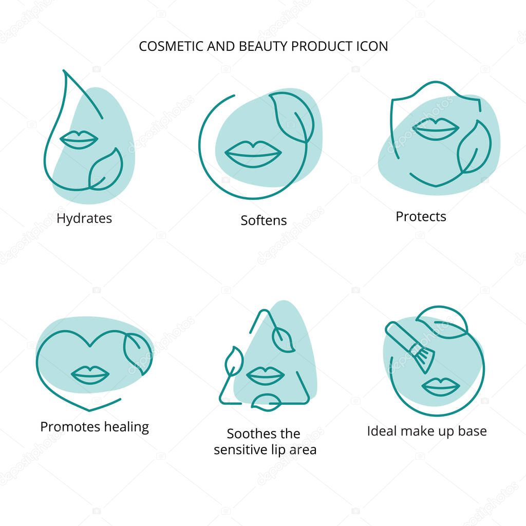 Lipstick, lip cream, mask cosmetic and beauty product icon set for web, packaging design. Vector stock illustration isolated on white background.