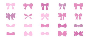 El çizimi pembe kız fiyonkları seti. Estetik, zarif, şirin bir dekor. Sevgililer günü ve düğün davetiyeleri için unsur, Noel kartları, poster, kadın aksesuarları, y2k izole edilmiş arka plan