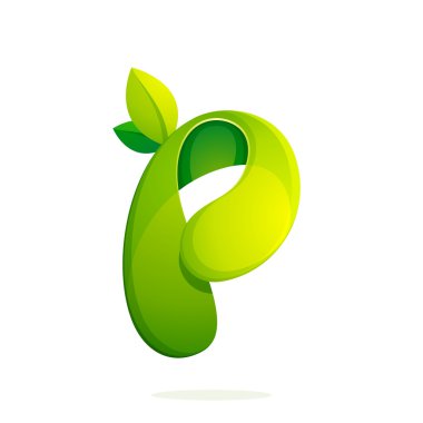 P harfi ile yeşil yaprakları Eko logosu, ses ayarı simgesi.
