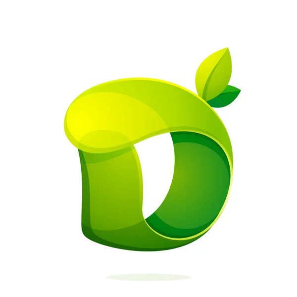 D letter with green leaves eco logo, volume icon. — Stock Vector