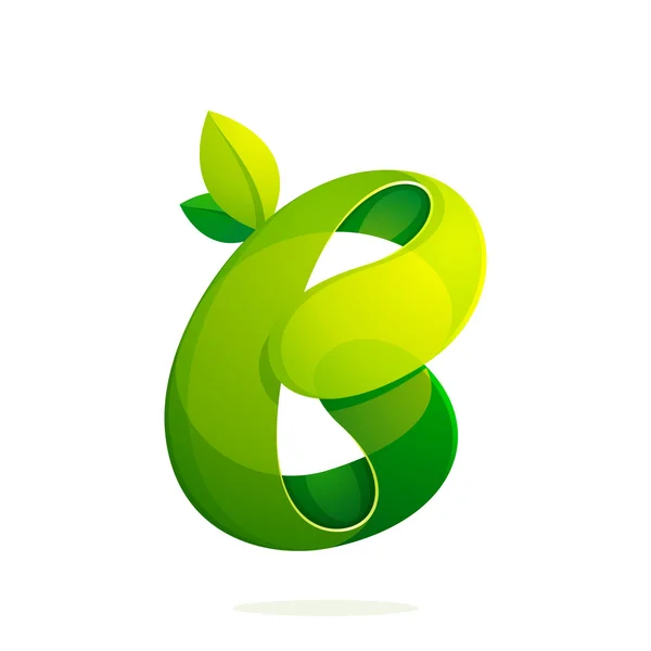 Буква B с зелеными листьями эко логотипа, значок объема . — стоковый вектор