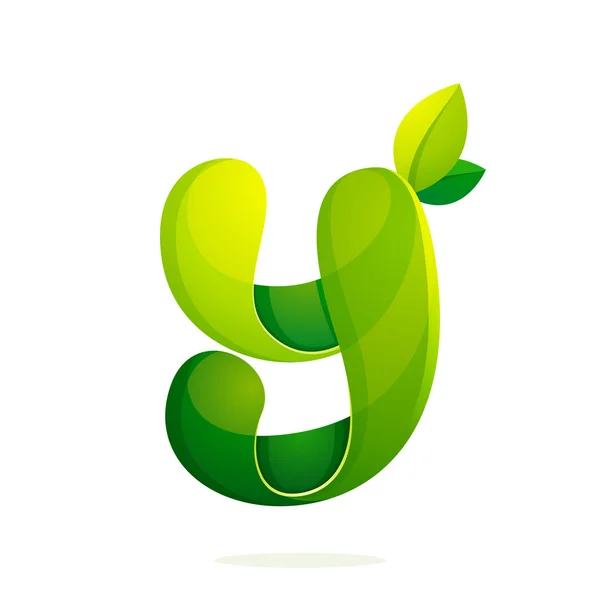 Y буква с зелеными листьями эко логотип, значок объема . — стоковый вектор