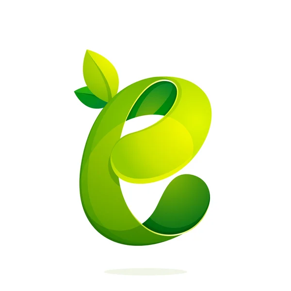 E letter with green leaves eco logo, volume icon. — Stock Vector
