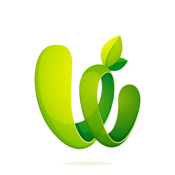 W carta con hojas verdes eco logo, icono de volumen . — Vector de stock