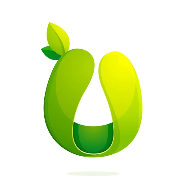 U Buchstabe mit grünen Blättern Öko-Logo, Volumen-Symbol. — Stockvektor