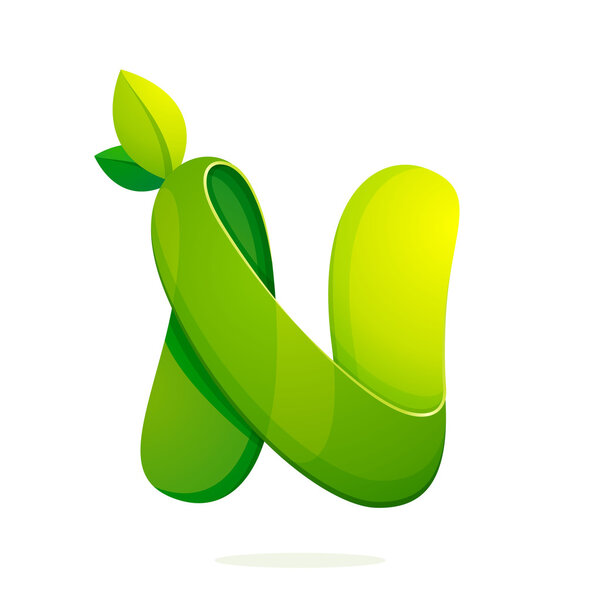 N letter with green leaves eco logo, volume icon.