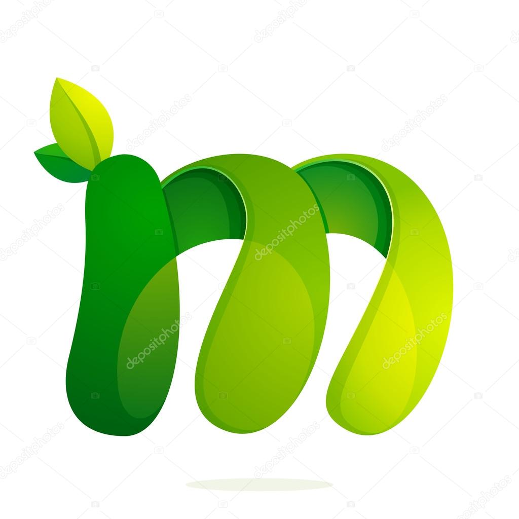 M letter with green leaves eco logo, volume icon.