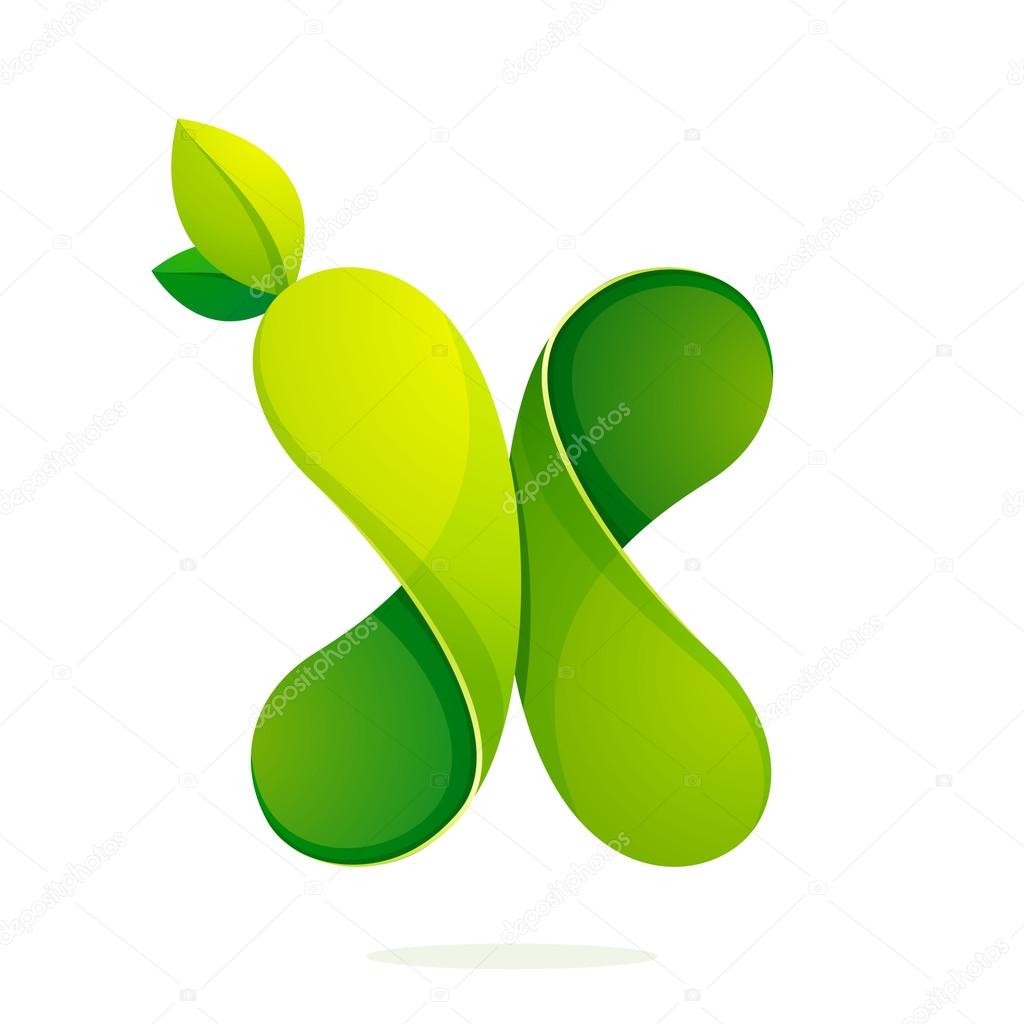 X letter with green leaves eco logo, volume icon.