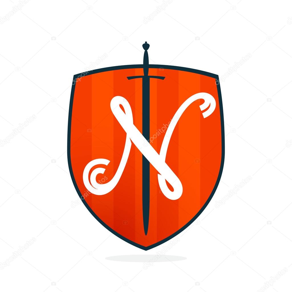 N letter on the sword and shield.