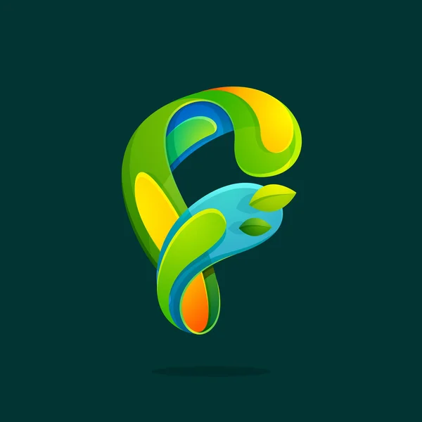 Буква F с эко-логотипом зеленых листьев . — стоковый вектор