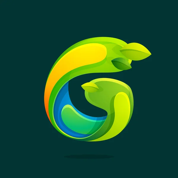 G lettre avec vert feuilles éco logo . — Image vectorielle
