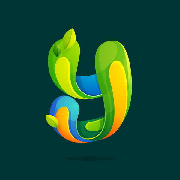 Y letter with green leaves eco logo.