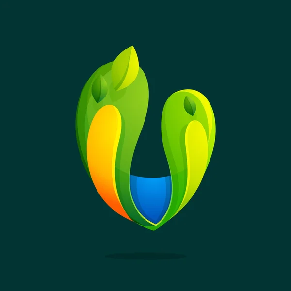 V brief met groene bladeren eco logo. — Stockvector
