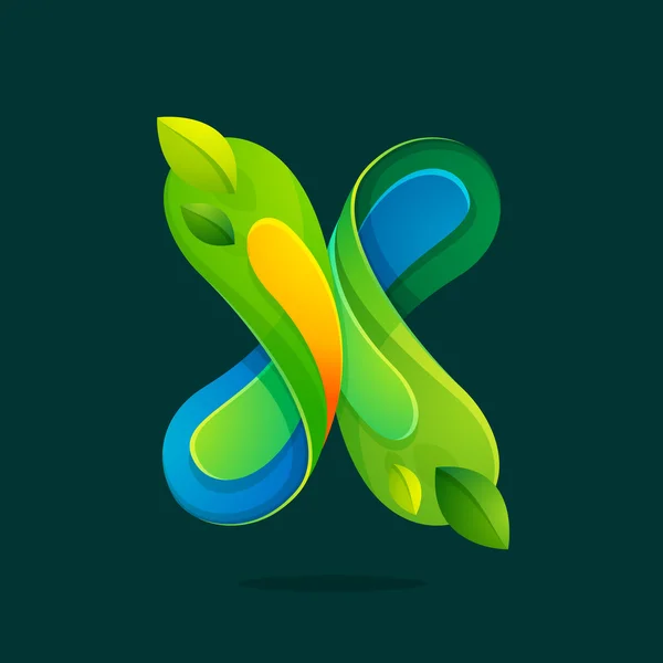 X brev med gröna blad eco logotyp. — Stock vektor