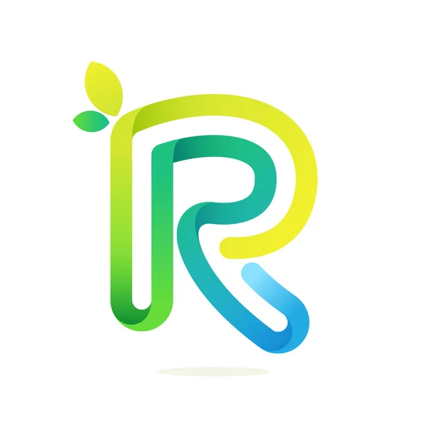 R letter with green leaves eco logo. — Stock Vector