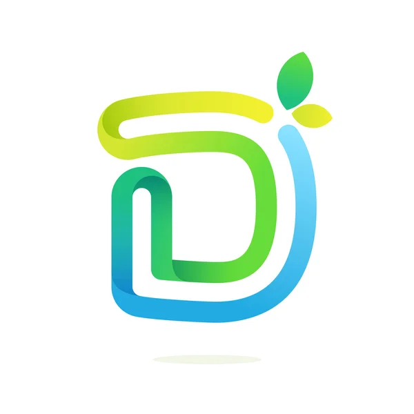 D letter with green leaves eco logo. — Stock Vector