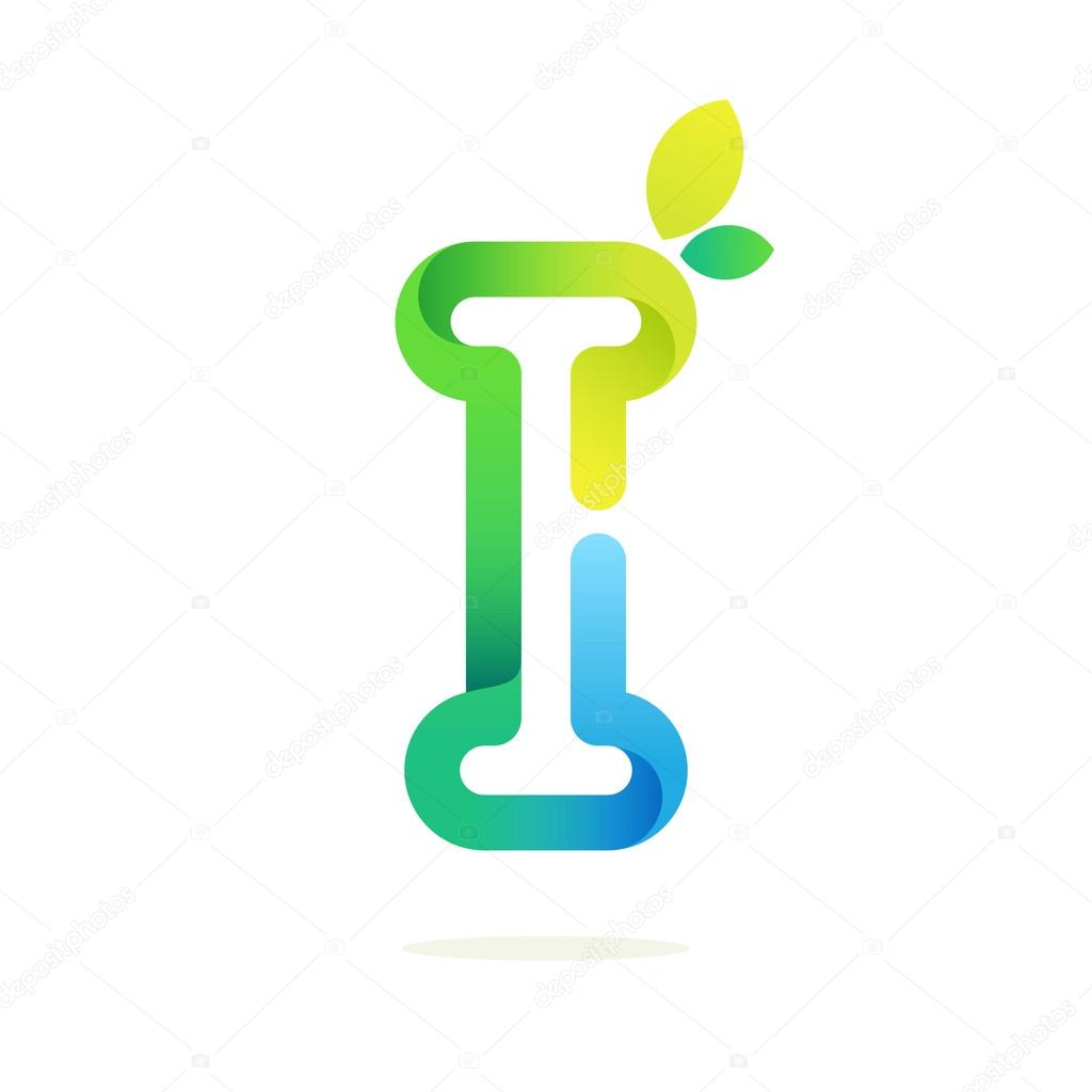 I letter with green leaves eco logo.