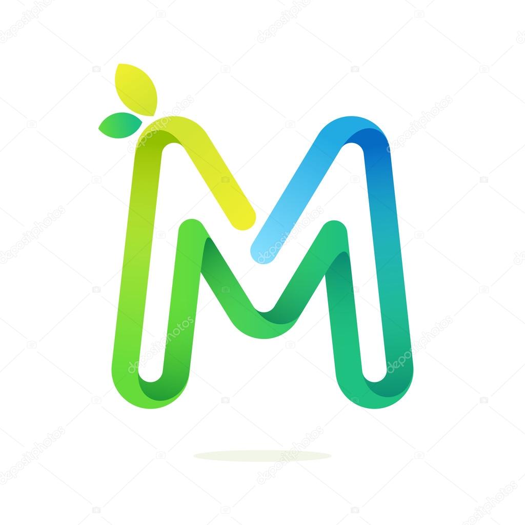 M letter with green leaves eco logo.