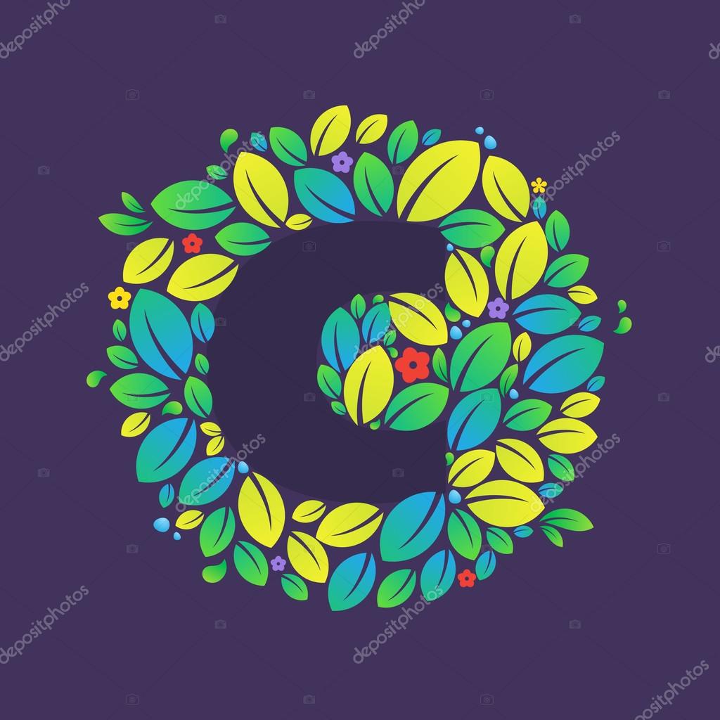 Font style, Letter C logo in circle of  leaves and flowers. vector design template elements