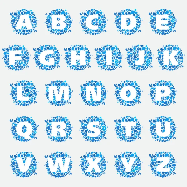 Letras del alfabeto en círculo de salpicaduras y gotas de agua . — Archivo Imágenes Vectoriales