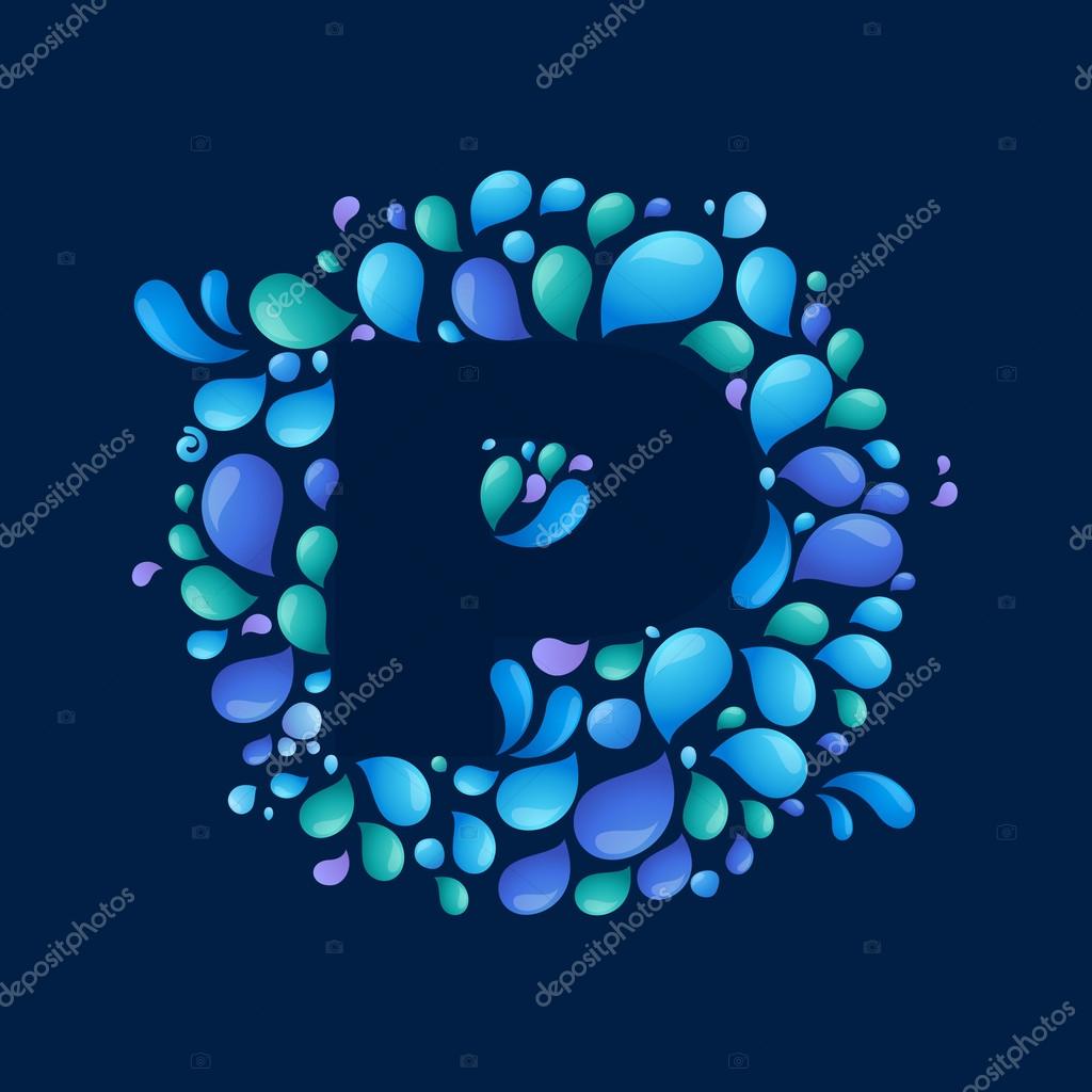 Font style, P letter in circle of splashes and drops of water. vector design template elements
