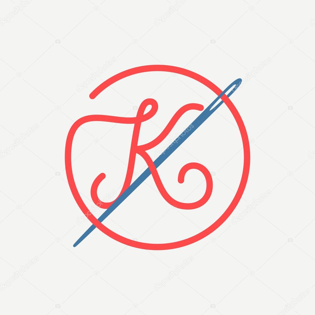 Font style, K letter logo with needle and thread. vector design template elements
