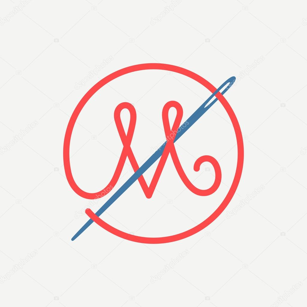 Font style M letter logo with needle and thread. vector design template elements