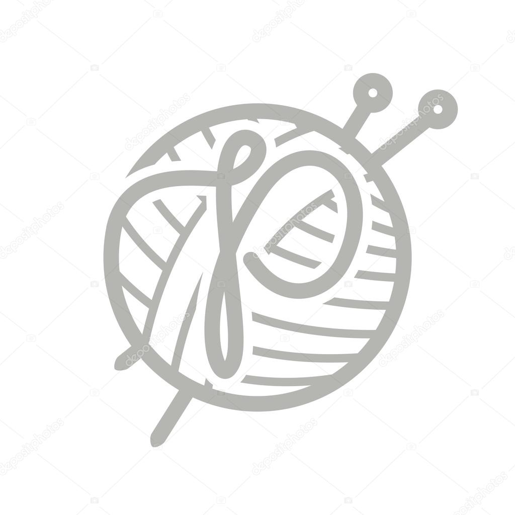 Vintage font style P letter logo with skein of yarn and knitting needles., vector design template elements