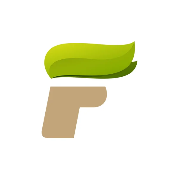 F Buchstabe Logo mit grünen Blättern. — Stockvektor