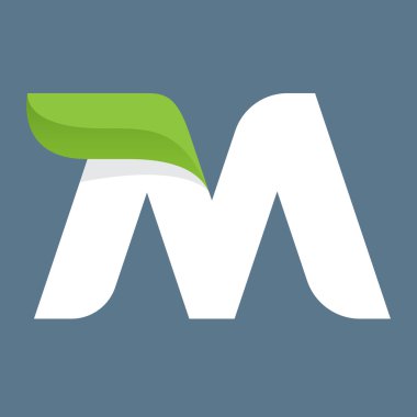 M harfi logosu ile yaprak yeşil.
