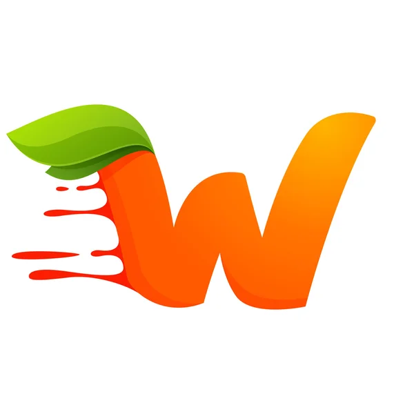 W letter with orange juice drops and leaves. — Stock Vector