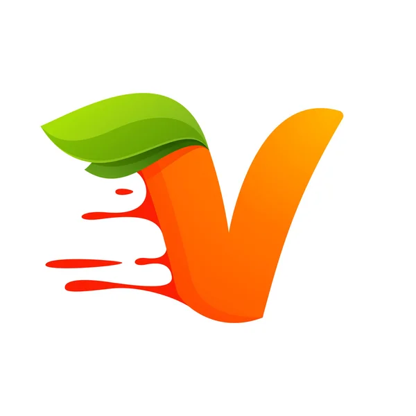 V letter with orange juice drops and leaves. — Stock Vector