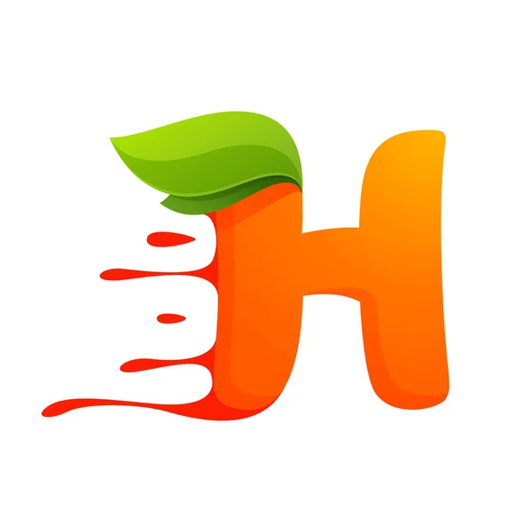 H letter with orange juice drops and leaves. — Stock Vector