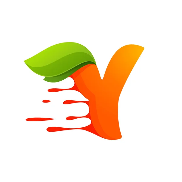 Y letter with orange juice drops and leaves. — Stock Vector