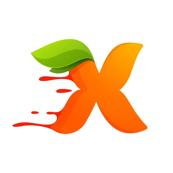 X letter with orange juice drops and leaves. — Stock Vector