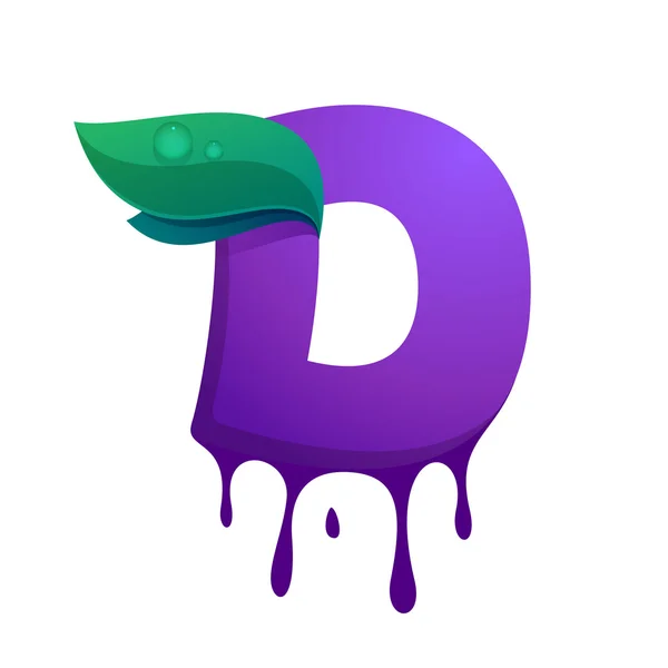 D letter with blueberry juice drops and leaves. — Stock Vector