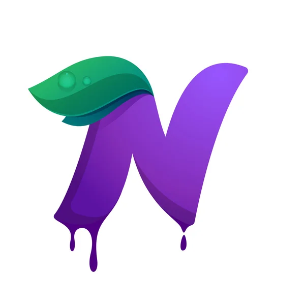 N letter with blueberry juice drops and leaves. — Stock Vector