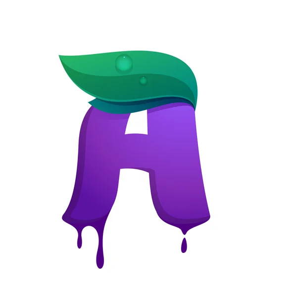 Letter A with blueberry juice drops and leaves. — Stock Vector