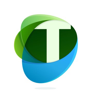 T harfi ile yeşil yaprakları ve mavi damla.