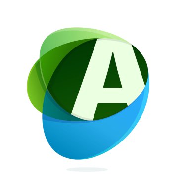 Yeşil yaprakları ve mavi damla ile A harfi.