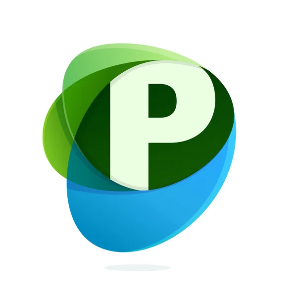 P betű, zöld levelek és kék csepp. — Stock Vector