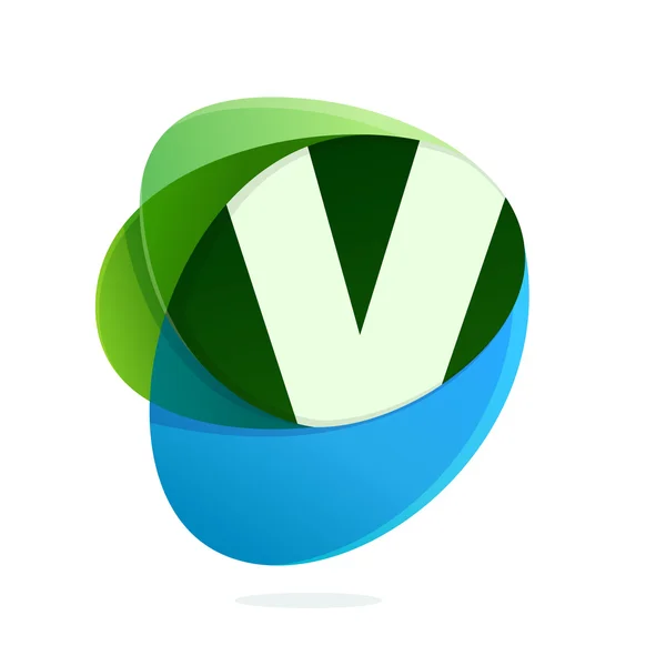 V letter with green leaves and blue drops. — Stock Vector