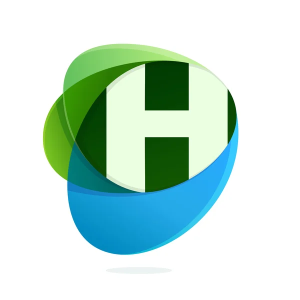 H letter with green leaves and blue drops. — Stock Vector